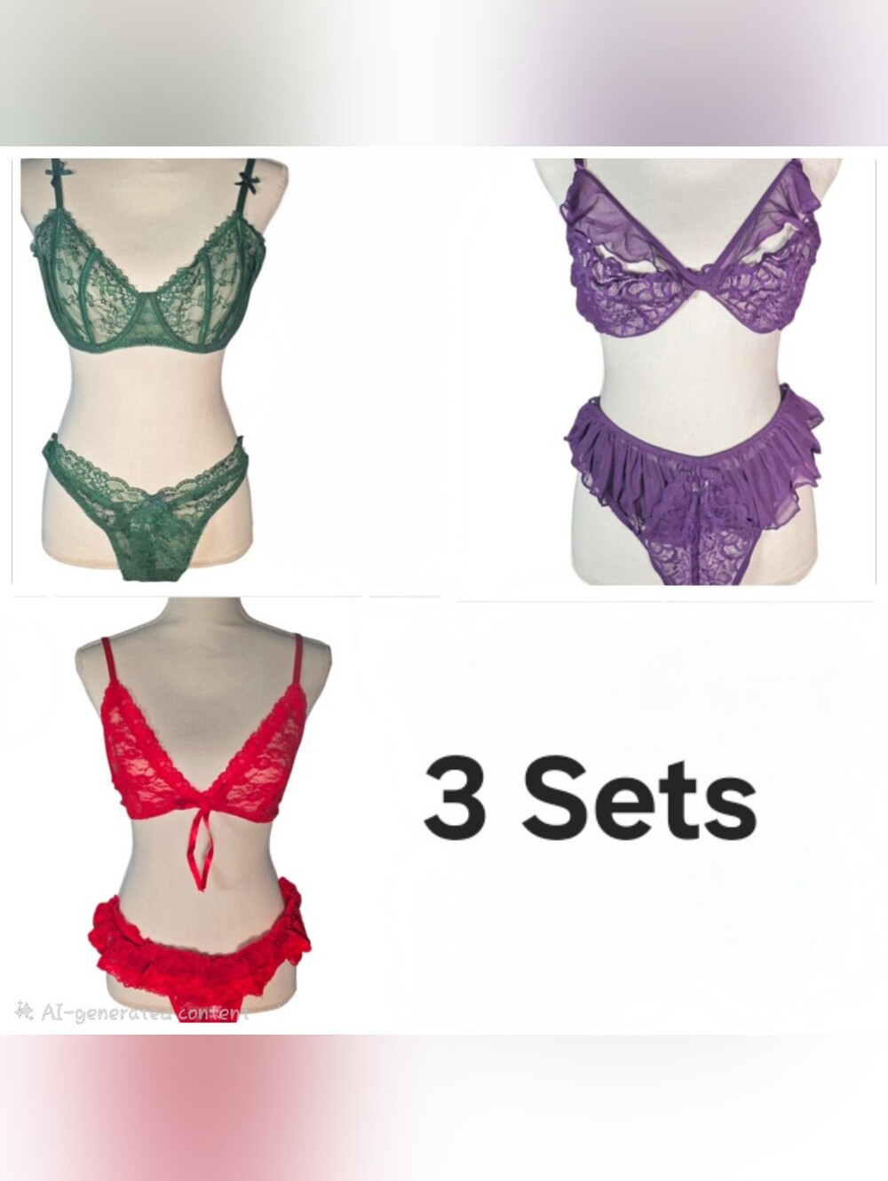 NWT AvidLove Lace Lingerie Lot 3 Bra Panty Sets XXL Purple Red Green